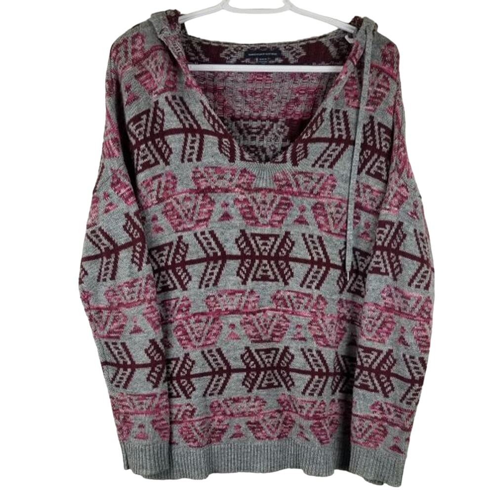 American Eagle Outfitters Aztec Gray Pink Knit Hooded Winter Women's Sweater M
